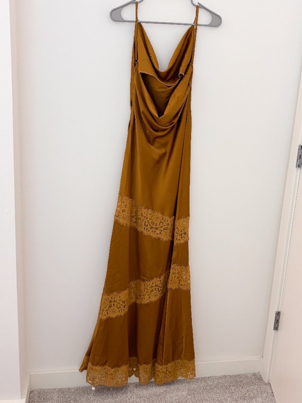 NWT Fashion Nova Gold Satin Lace Cowl Neck Maxi Dress M - Picture 3 of 6